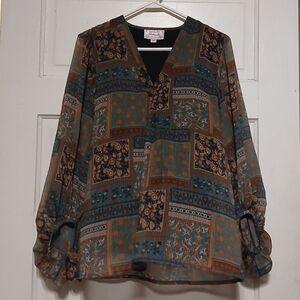 Panhandle Women’s Medium Boho Patchwork Paisley Sheer Blouse Teal Brown